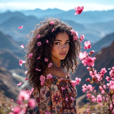 The primary subject of the image is a woman with long, curly hair, wearing a floral dress. She is standing in a field with pink flowers, which are scattered around her. The setting is a mountainous area, with a backdrop of mountains and a sky visible in the background. The visual style of the image is a combination of photo and digital art, creating a vibrant and lively atmosphere. The dominant colors in the image are pink and purple, which are associated with love, passion, and beauty